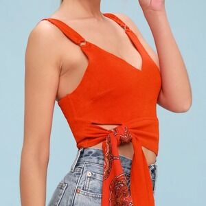 Free People Crop Top Tie Waist Sleeveless V-Neck Casual Orange S‎